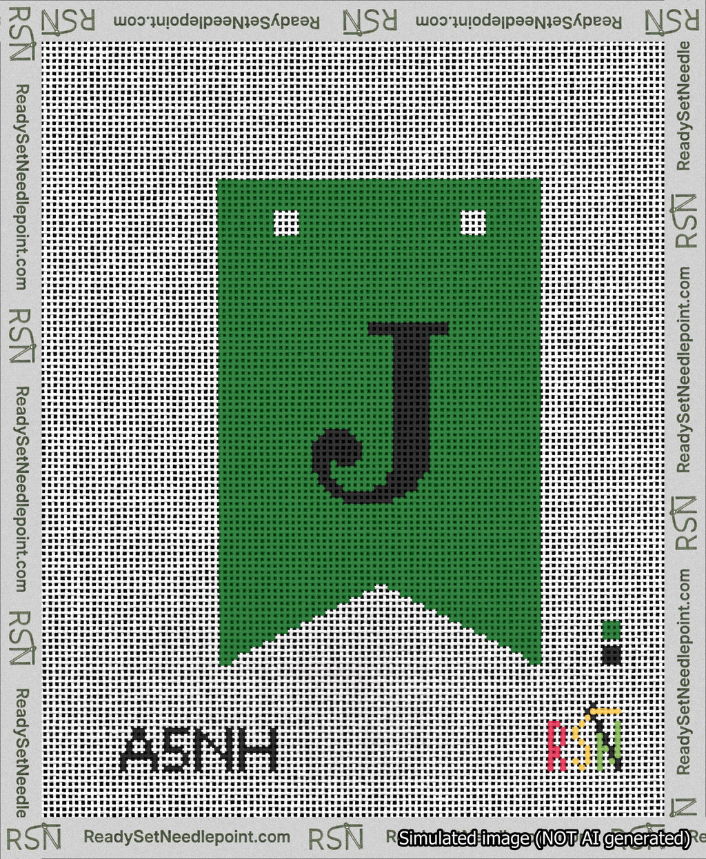 A taped needlepoint canvas with the design: Banner 13 mesh count Forked J Black on Green.