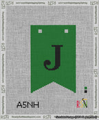 A taped needlepoint canvas with the design: Banner 13 mesh count Forked J Black on Green.