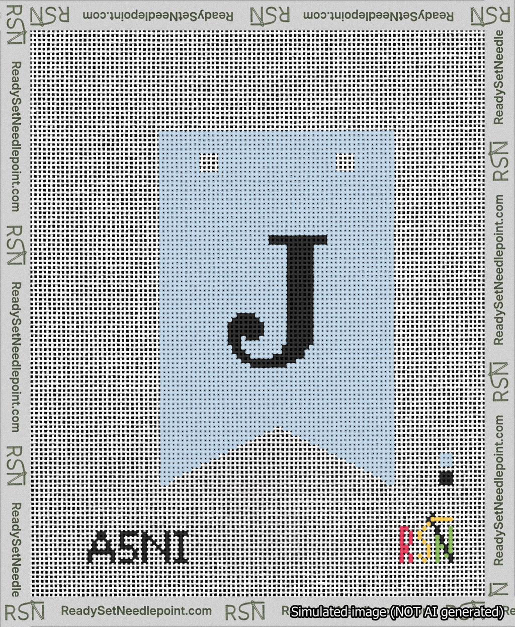 A taped needlepoint canvas with the design: Banner 13 mesh count Forked J Black on Light Blue.