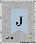 A taped needlepoint canvas with the design: Banner 13 mesh count Forked J Black on Light Blue.