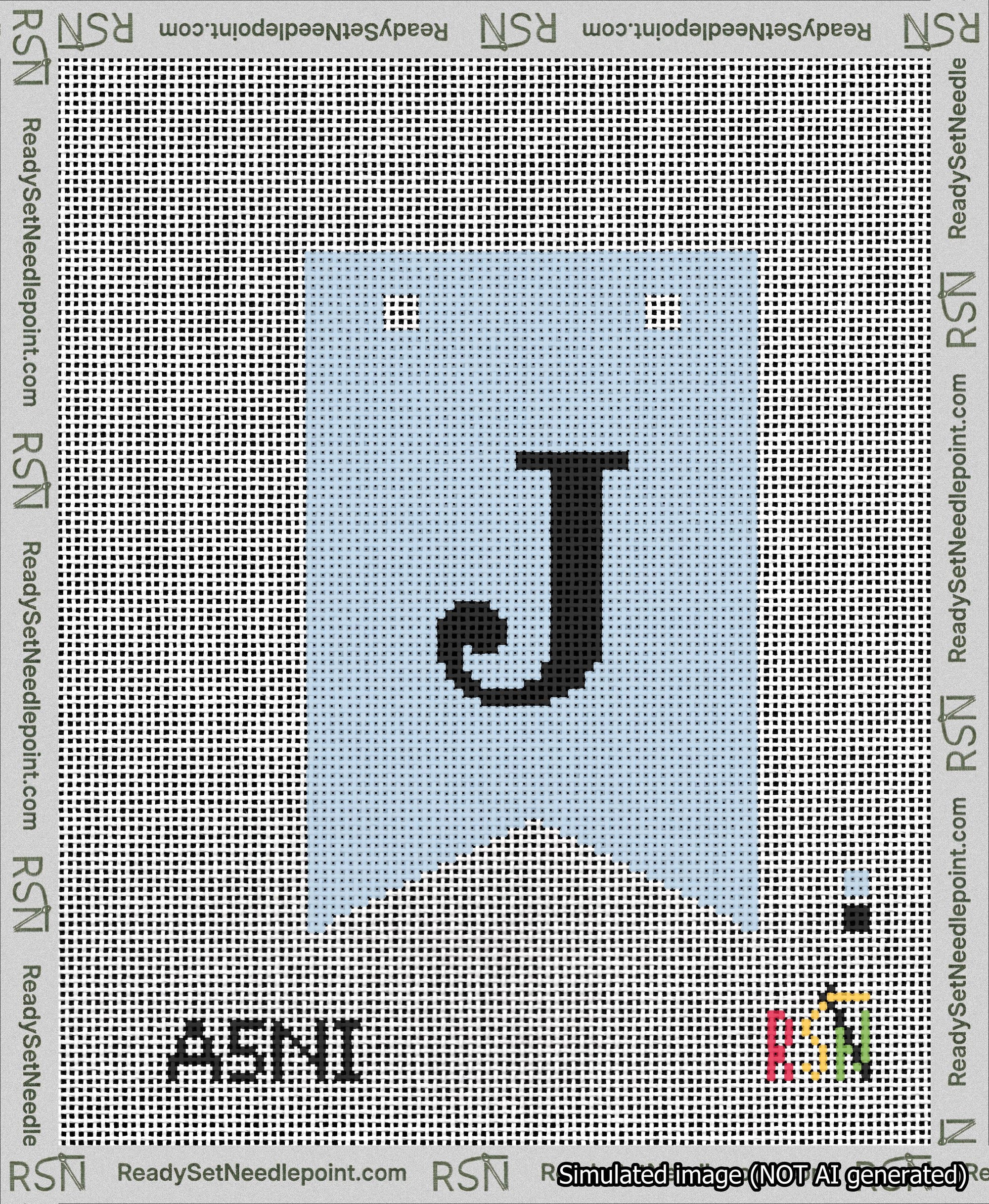 A taped needlepoint canvas with the design: Banner 13 mesh count Forked J Black on Light Blue.