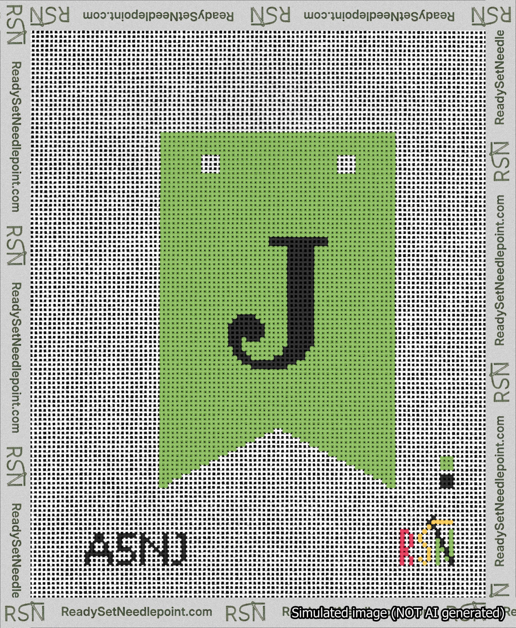 A taped needlepoint canvas with the design: Banner 13 mesh count Forked J Black on Light Green.