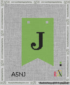 A taped needlepoint canvas with the design: Banner 13 mesh count Forked J Black on Light Green.