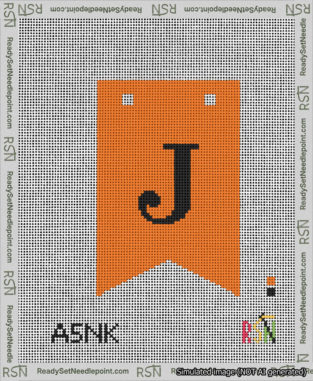 A taped needlepoint canvas with the design: Banner 13 mesh count Forked J Black on Orange.