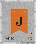 A taped needlepoint canvas with the design: Banner 13 mesh count Forked J Black on Orange.
