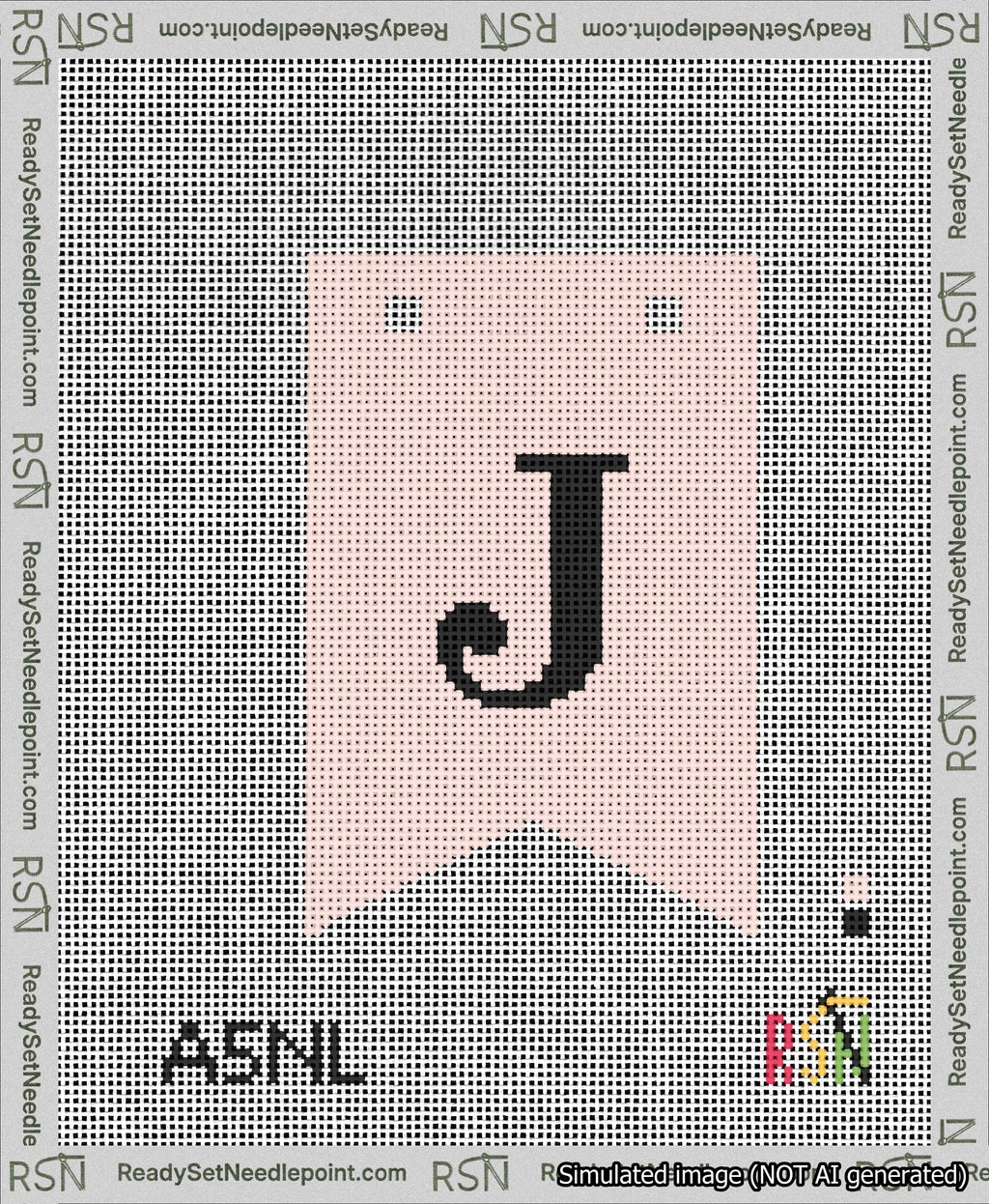 A taped needlepoint canvas with the design: Banner 13 mesh count Forked J Black on Pink.