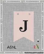 A taped needlepoint canvas with the design: Banner 13 mesh count Forked J Black on Pink.