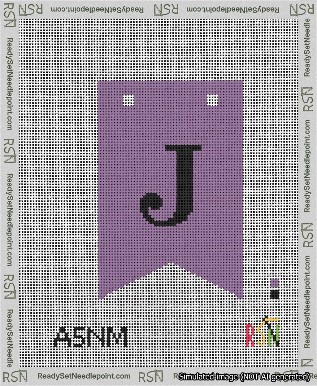 A taped needlepoint canvas with the design: Banner 13 mesh count Forked J Black on Purple.