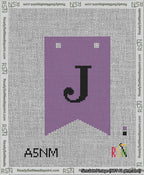A taped needlepoint canvas with the design: Banner 13 mesh count Forked J Black on Purple.