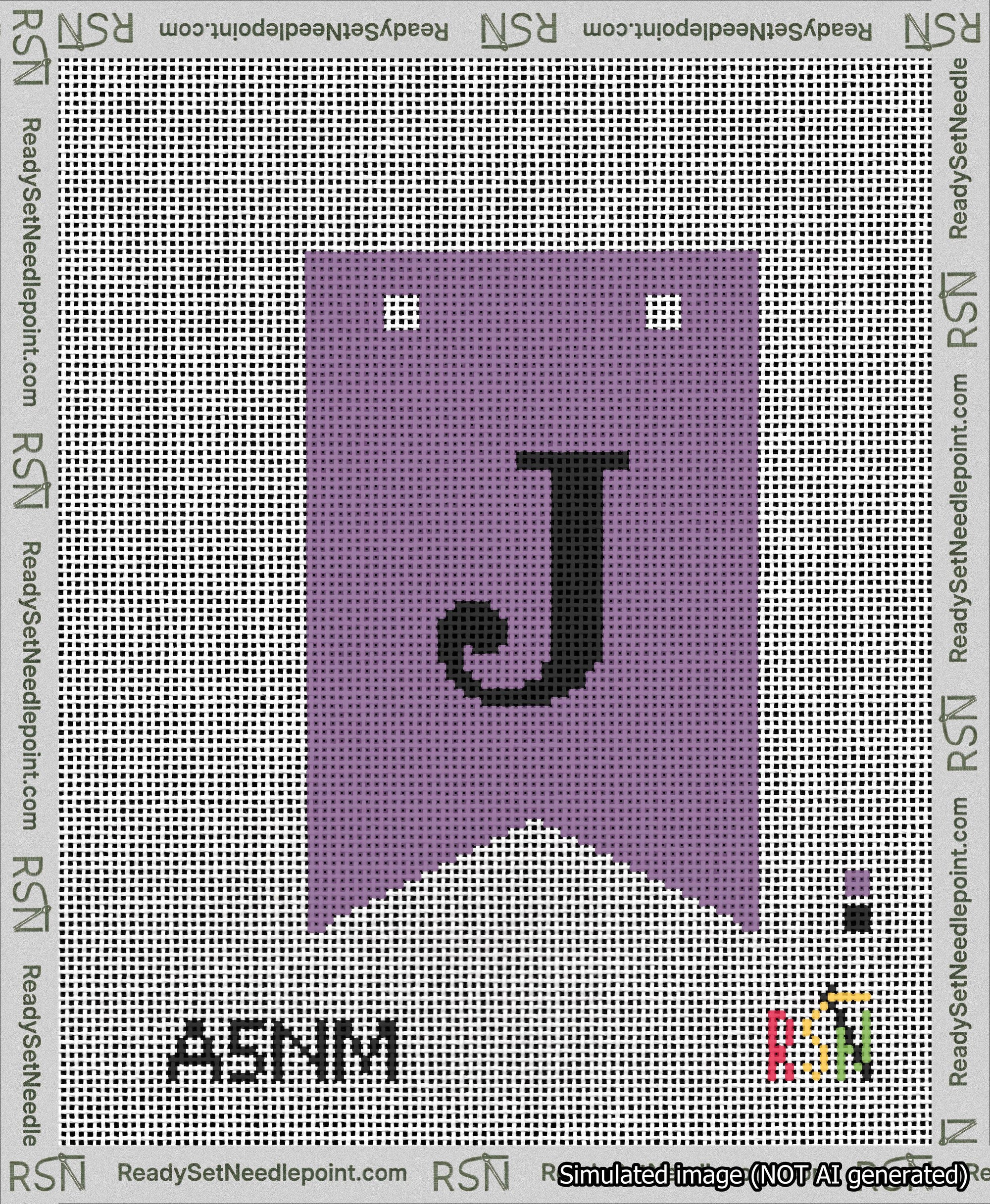 A taped needlepoint canvas with the design: Banner 13 mesh count Forked J Black on Purple.