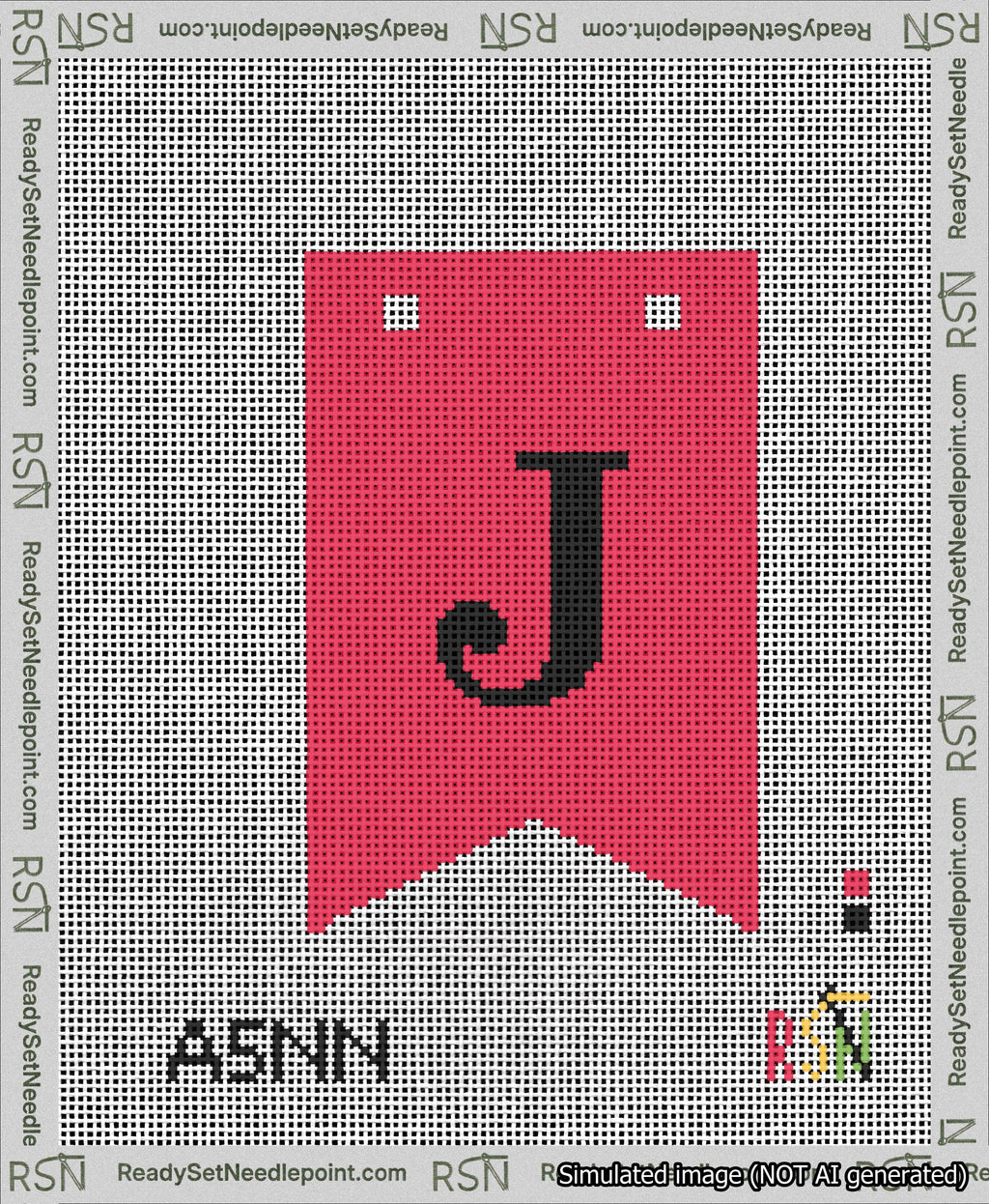 A taped needlepoint canvas with the design: Banner 13 mesh count Forked J Black on Red.