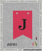 A taped needlepoint canvas with the design: Banner 13 mesh count Forked J Black on Red.