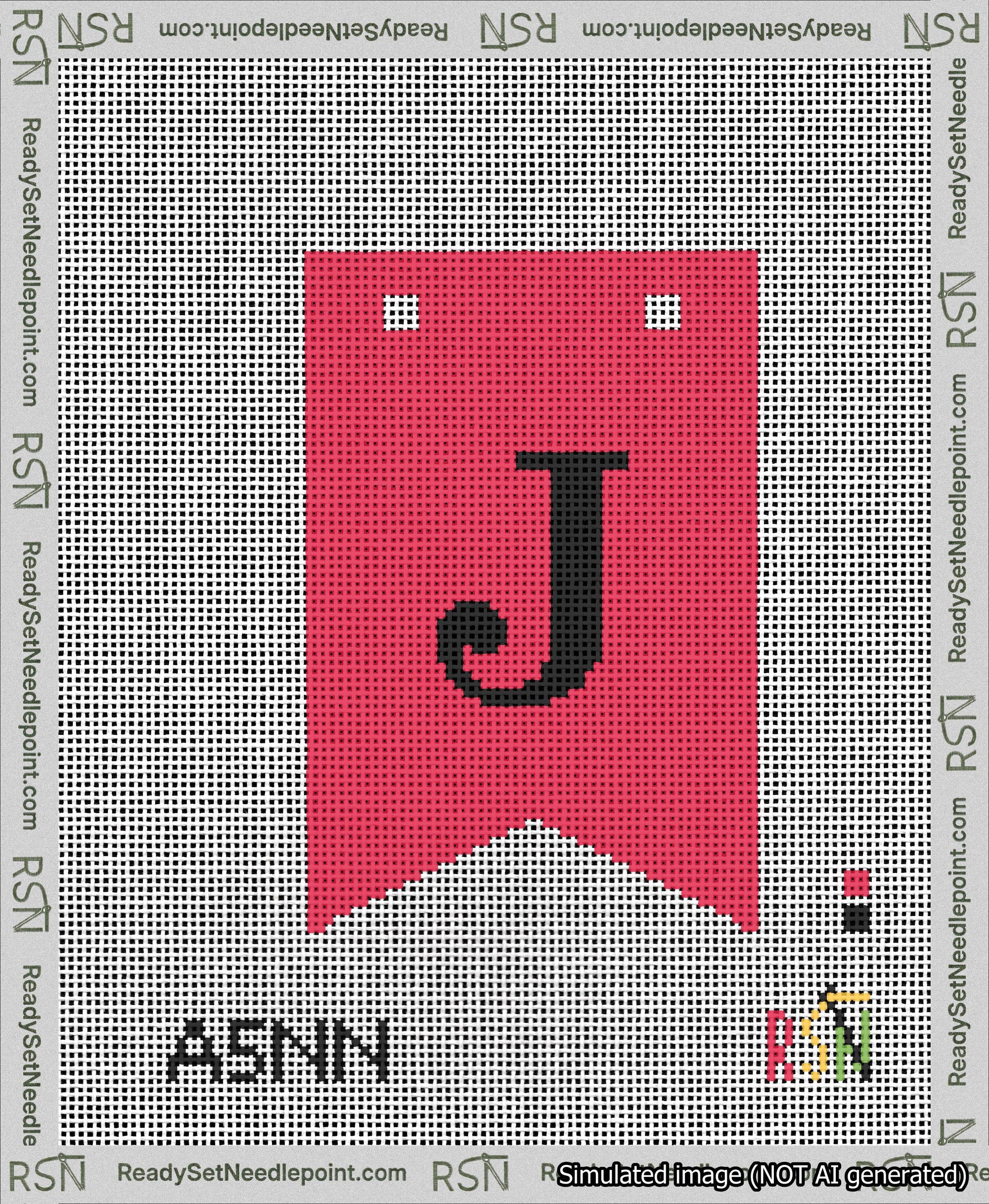 A taped needlepoint canvas with the design: Banner 13 mesh count Forked J Black on Red.