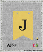 A taped needlepoint canvas with the design: Banner 13 mesh count Forked J Black on Yellow.
