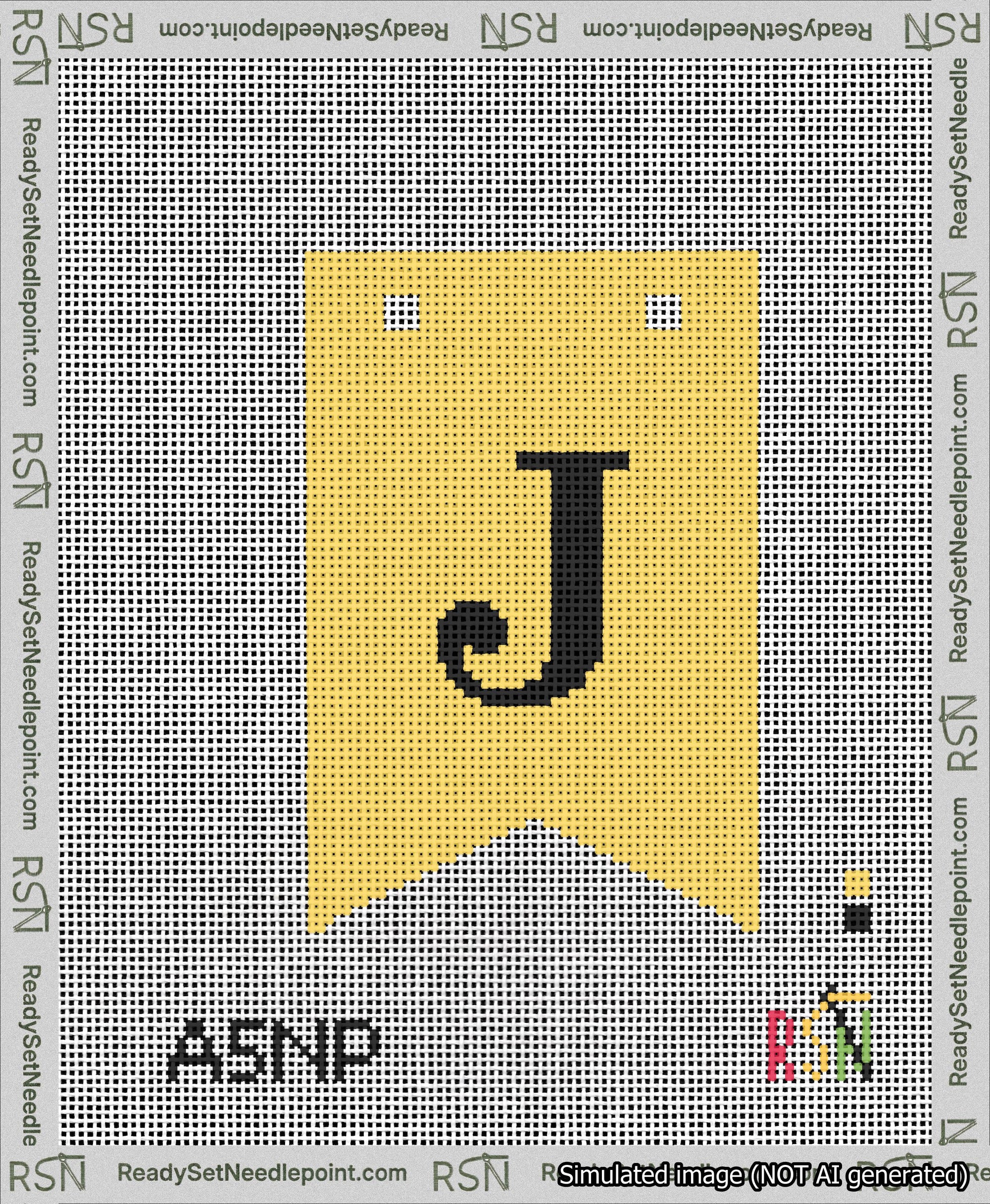 A taped needlepoint canvas with the design: Banner 13 mesh count Forked J Black on Yellow.