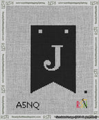 A taped needlepoint canvas with the design: Banner 13 mesh count Forked J White on Black.