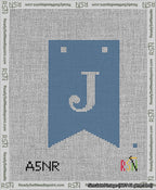 A taped needlepoint canvas with the design: Banner 13 mesh count Forked J White on Blue.