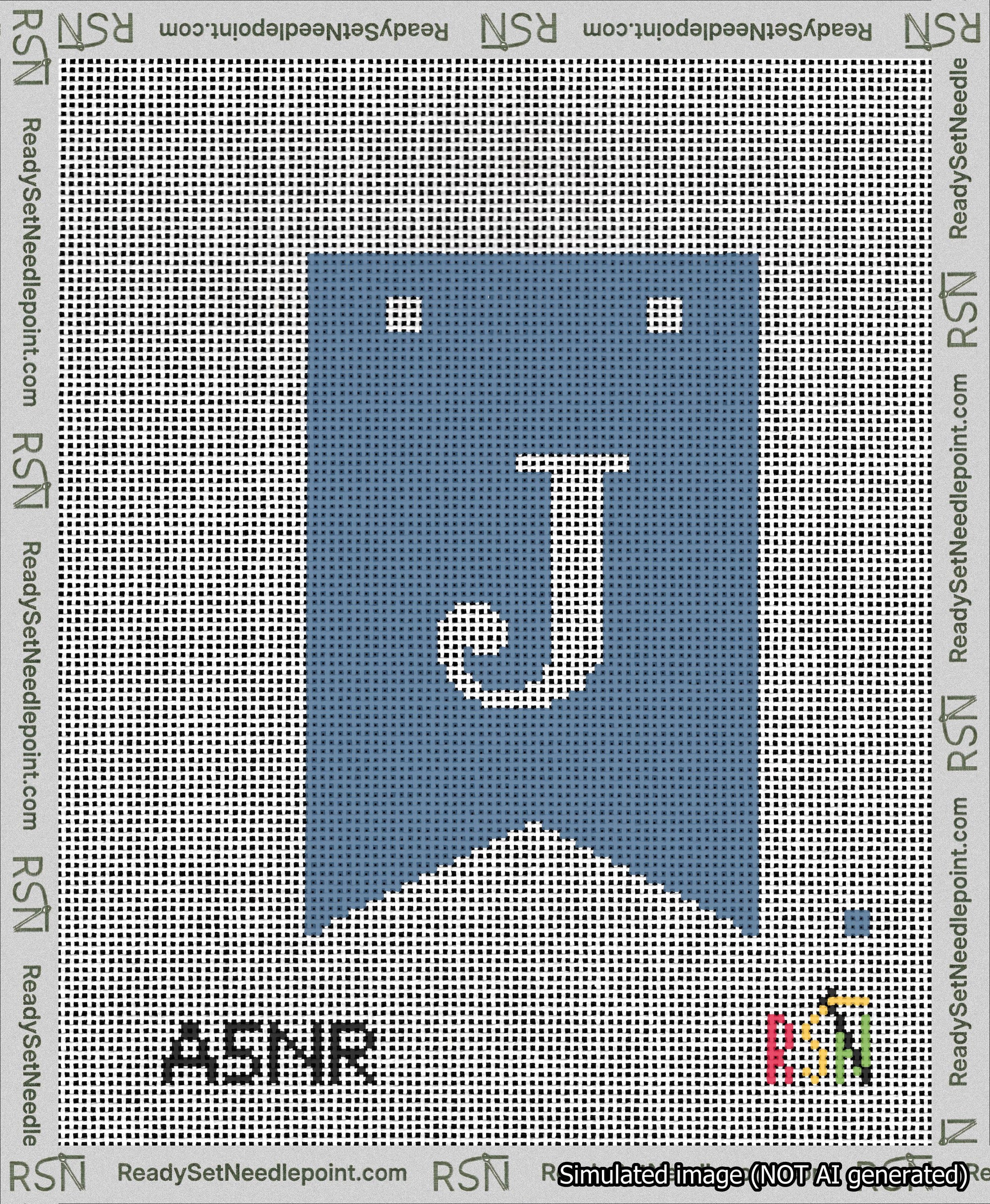 A taped needlepoint canvas with the design: Banner 13 mesh count Forked J White on Blue.