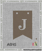 A taped needlepoint canvas with the design: Banner 13 mesh count Forked J White on Brown.