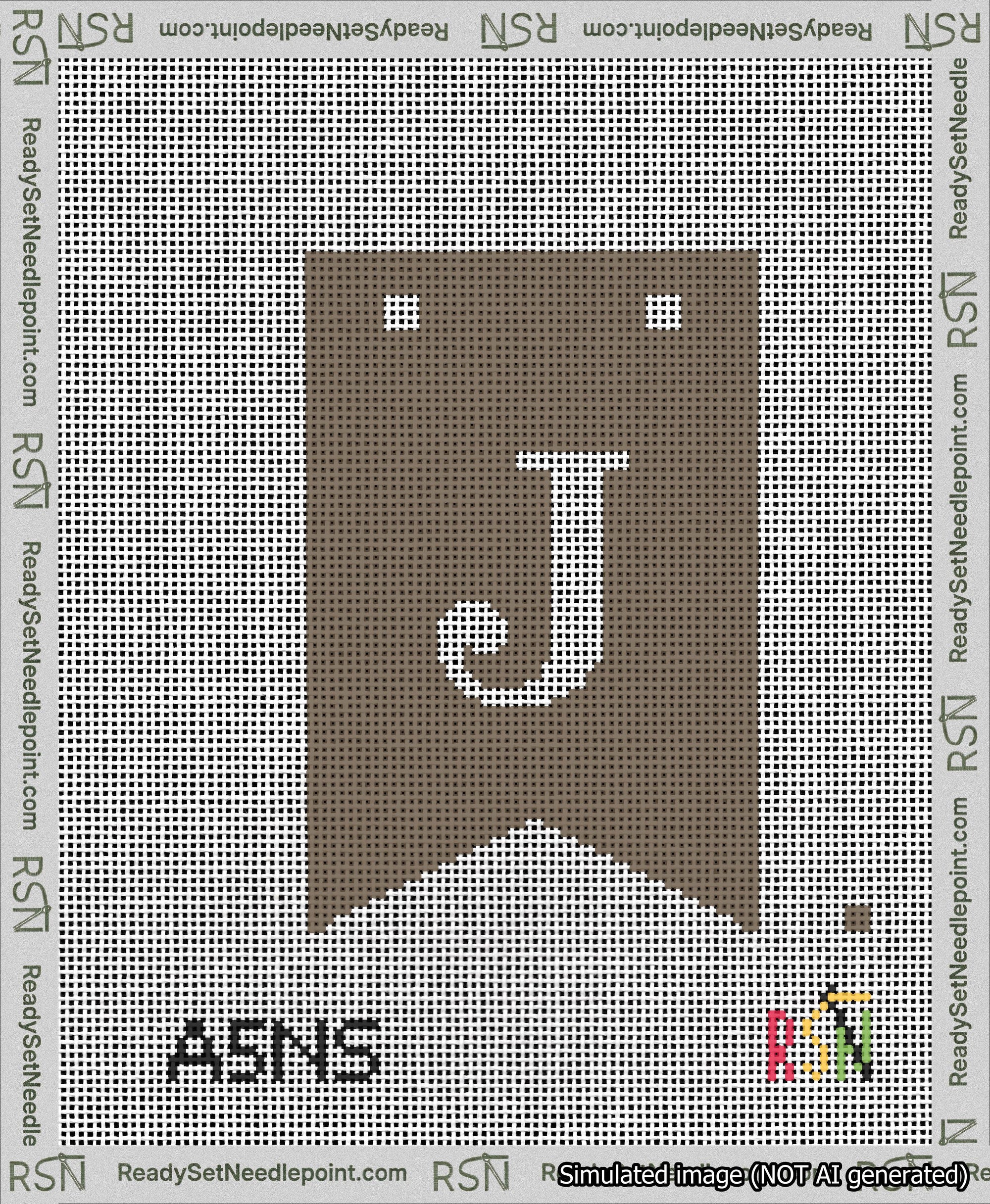 A taped needlepoint canvas with the design: Banner 13 mesh count Forked J White on Brown.