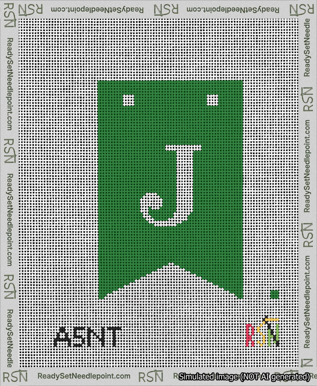 A taped needlepoint canvas with the design: Banner 13 mesh count Forked J White on Green.