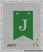 A taped needlepoint canvas with the design: Banner 13 mesh count Forked J White on Green.