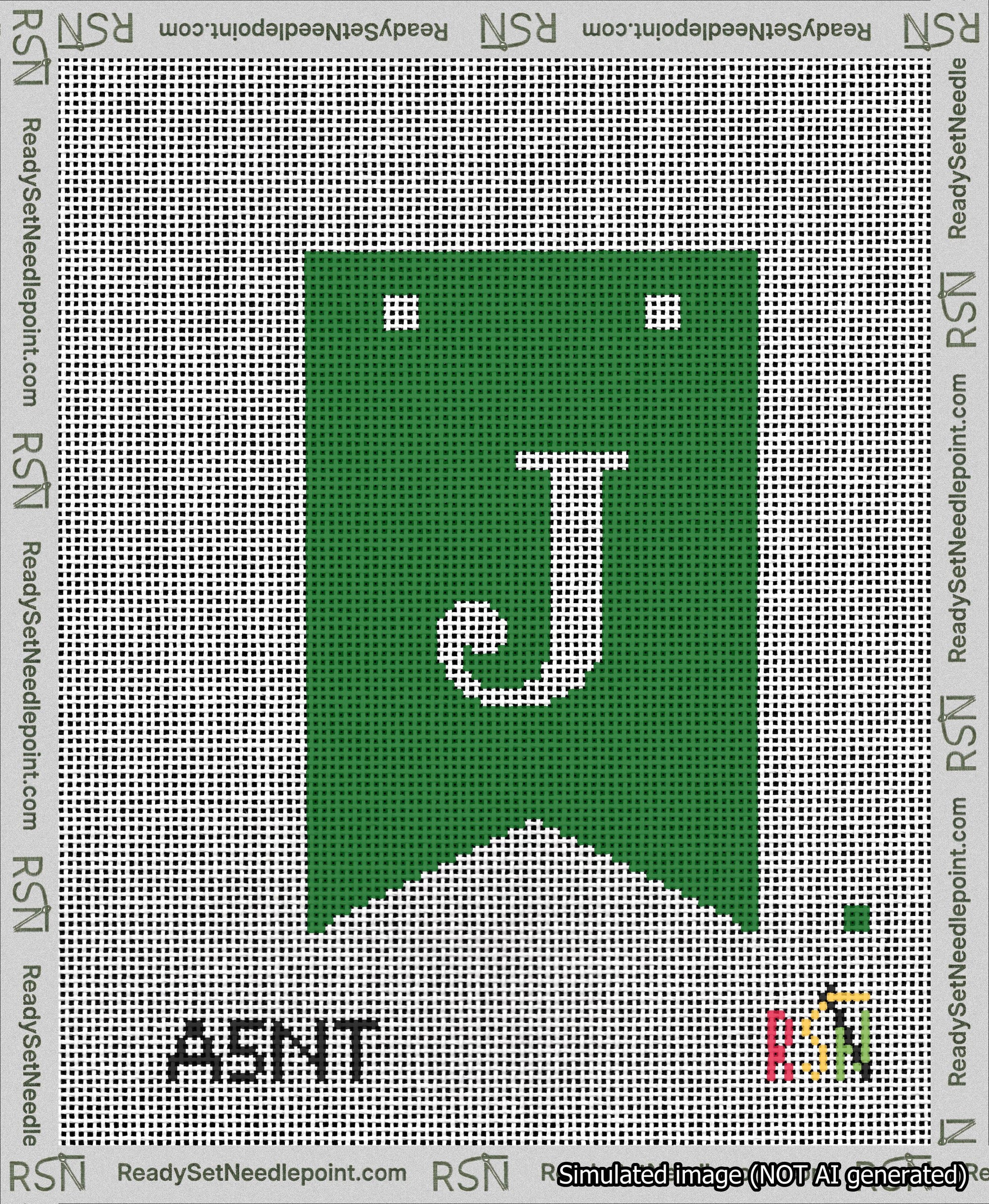 A taped needlepoint canvas with the design: Banner 13 mesh count Forked J White on Green.