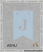A taped needlepoint canvas with the design: Banner 13 mesh count Forked J White on Light Blue.