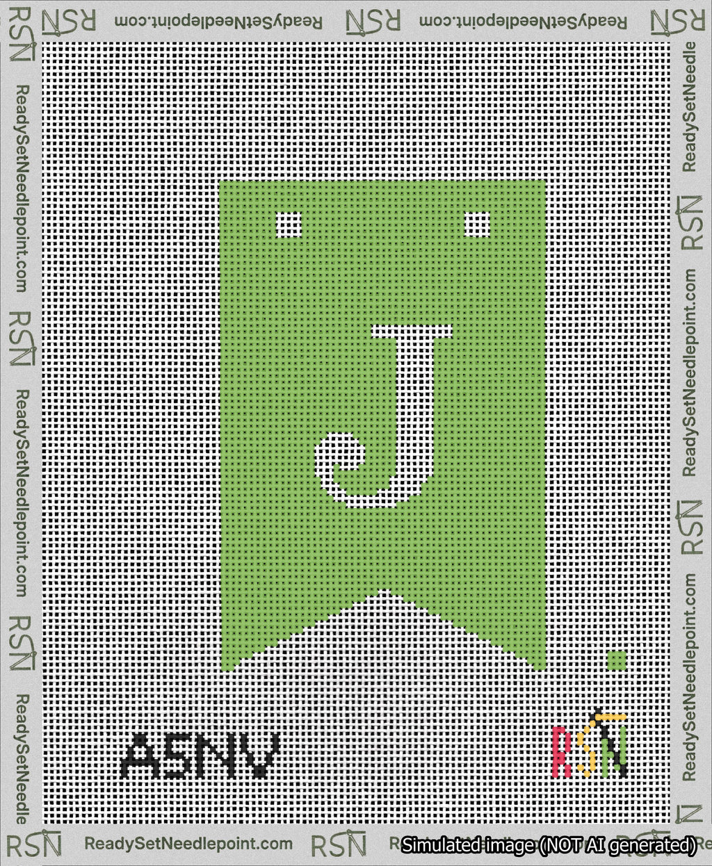 A taped needlepoint canvas with the design: Banner 13 mesh count Forked J White on Light Green.