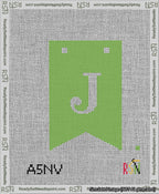 A taped needlepoint canvas with the design: Banner 13 mesh count Forked J White on Light Green.