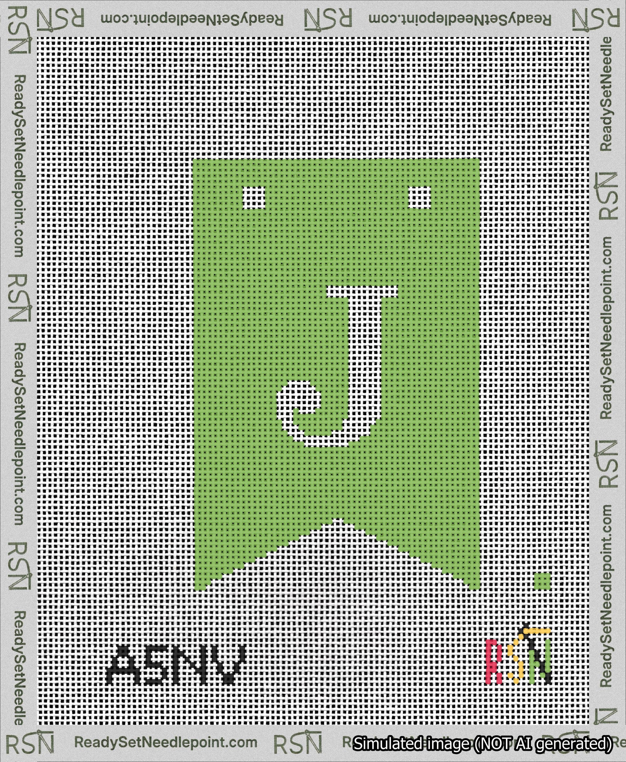 A taped needlepoint canvas with the design: Banner 13 mesh count Forked J White on Light Green.