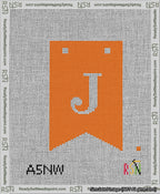 A taped needlepoint canvas with the design: Banner 13 mesh count Forked J White on Orange.