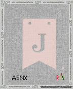 A taped needlepoint canvas with the design: Banner 13 mesh count Forked J White on Pink.