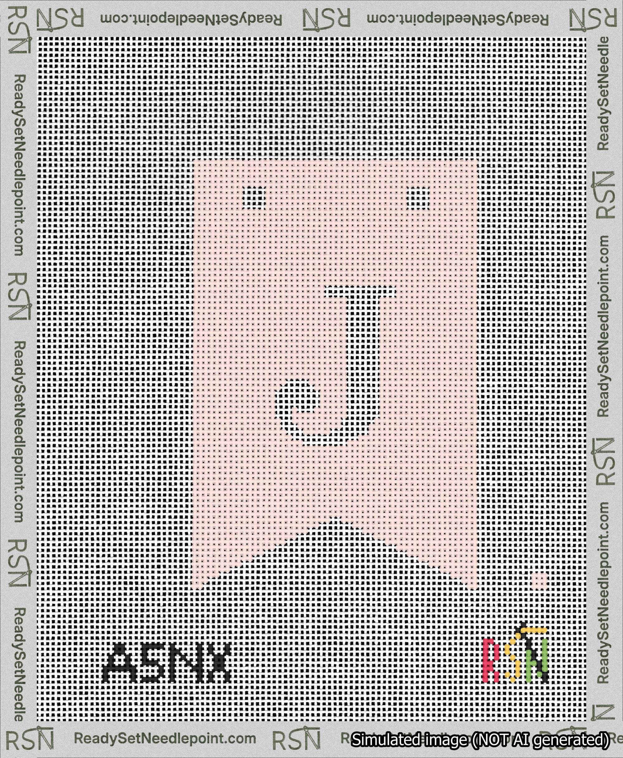 A taped needlepoint canvas with the design: Banner 13 mesh count Forked J White on Pink.