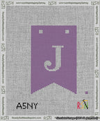 A taped needlepoint canvas with the design: Banner 13 mesh count Forked J White on Purple.