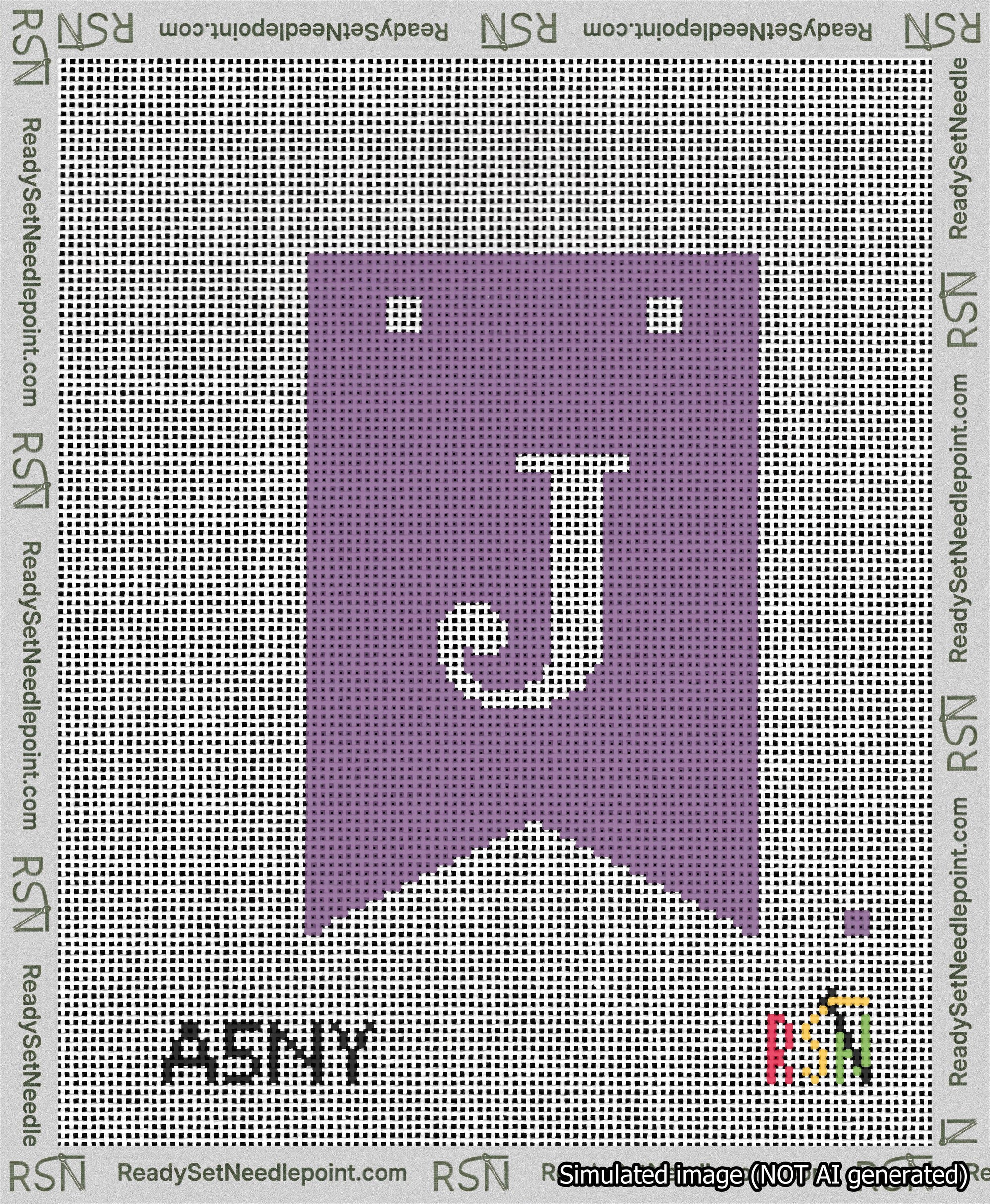 A taped needlepoint canvas with the design: Banner 13 mesh count Forked J White on Purple.