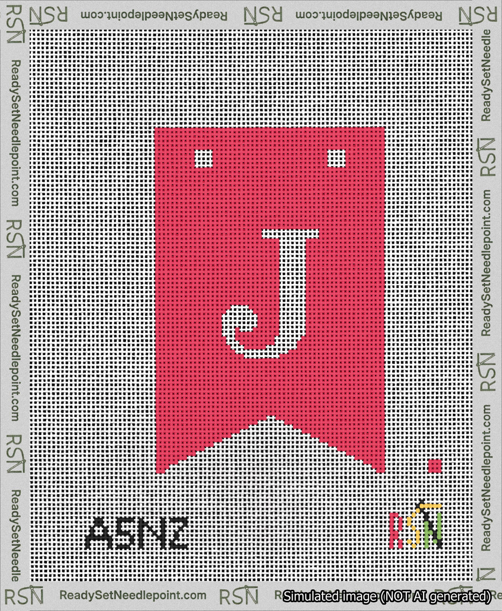 A taped needlepoint canvas with the design: Banner 13 mesh count Forked J White on Red.