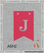 A taped needlepoint canvas with the design: Banner 13 mesh count Forked J White on Red.
