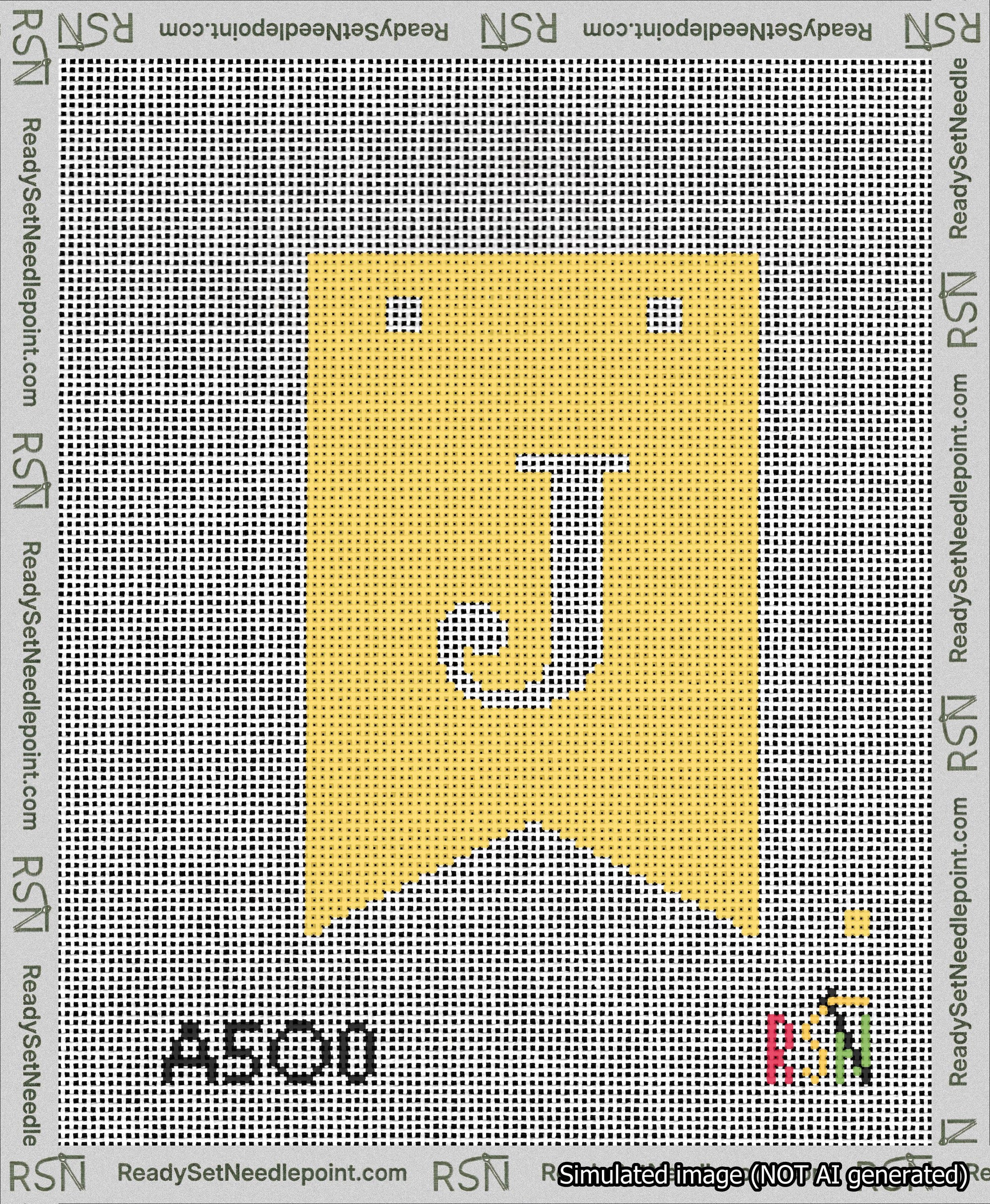 A taped needlepoint canvas with the design: Banner 13 mesh count Forked J White on Yellow.