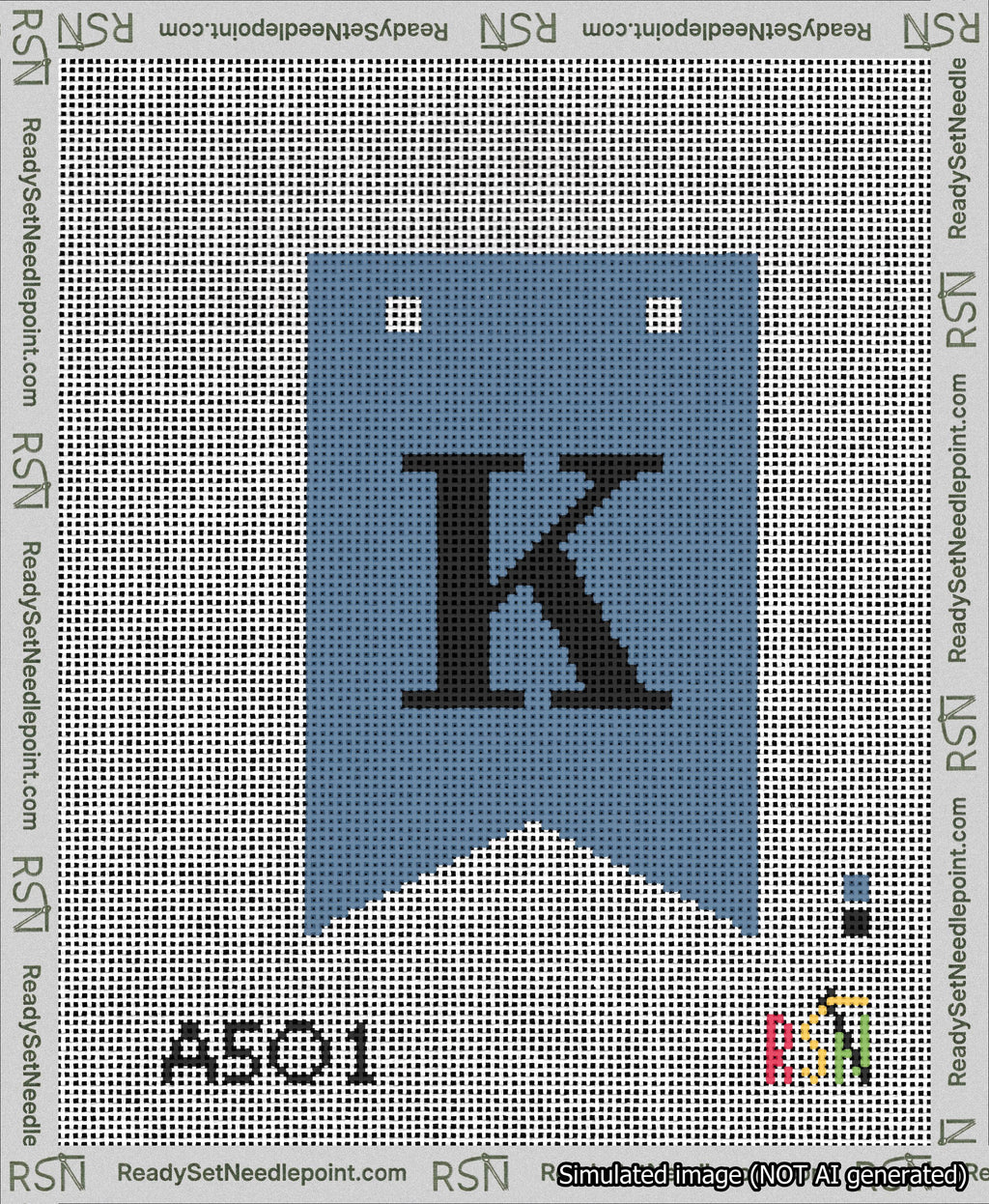 A taped needlepoint canvas with the design: Banner 13 mesh count Forked K Black on Blue.