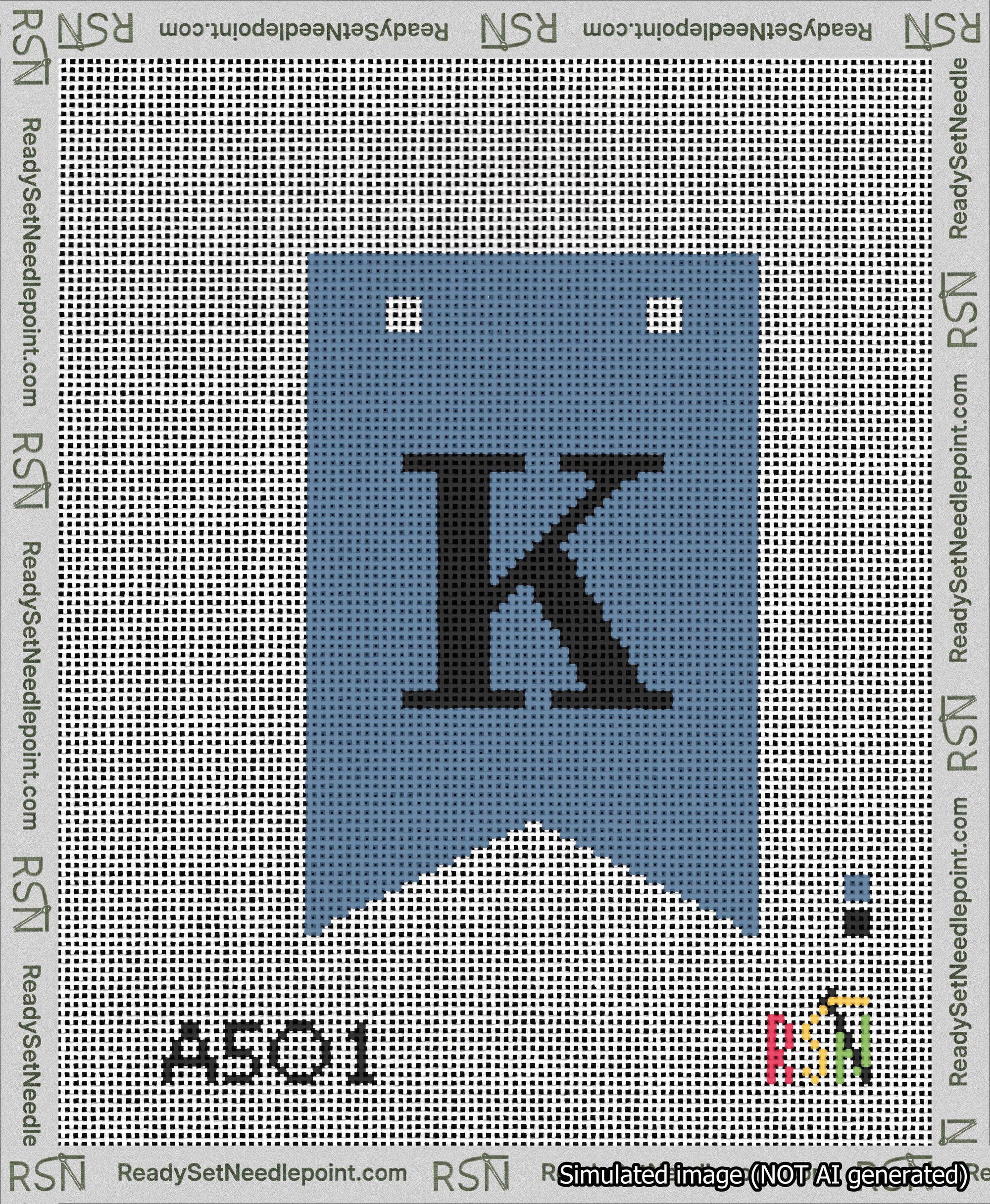 A taped needlepoint canvas with the design: Banner 13 mesh count Forked K Black on Blue.