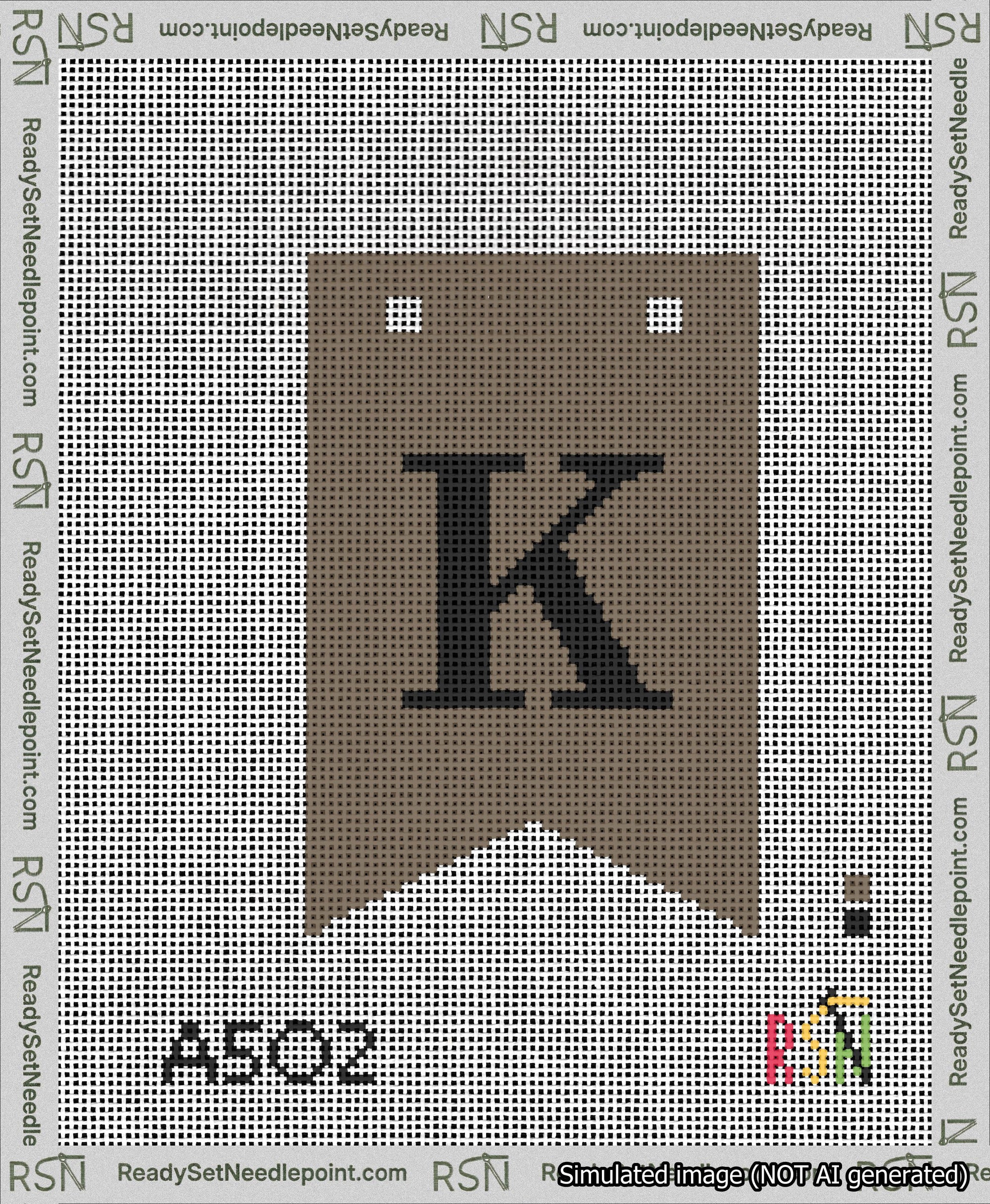 A taped needlepoint canvas with the design: Banner 13 mesh count Forked K Black on Brown.