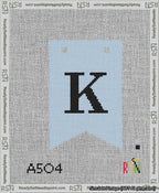 A taped needlepoint canvas with the design: Banner 13 mesh count Forked K Black on Light Blue.