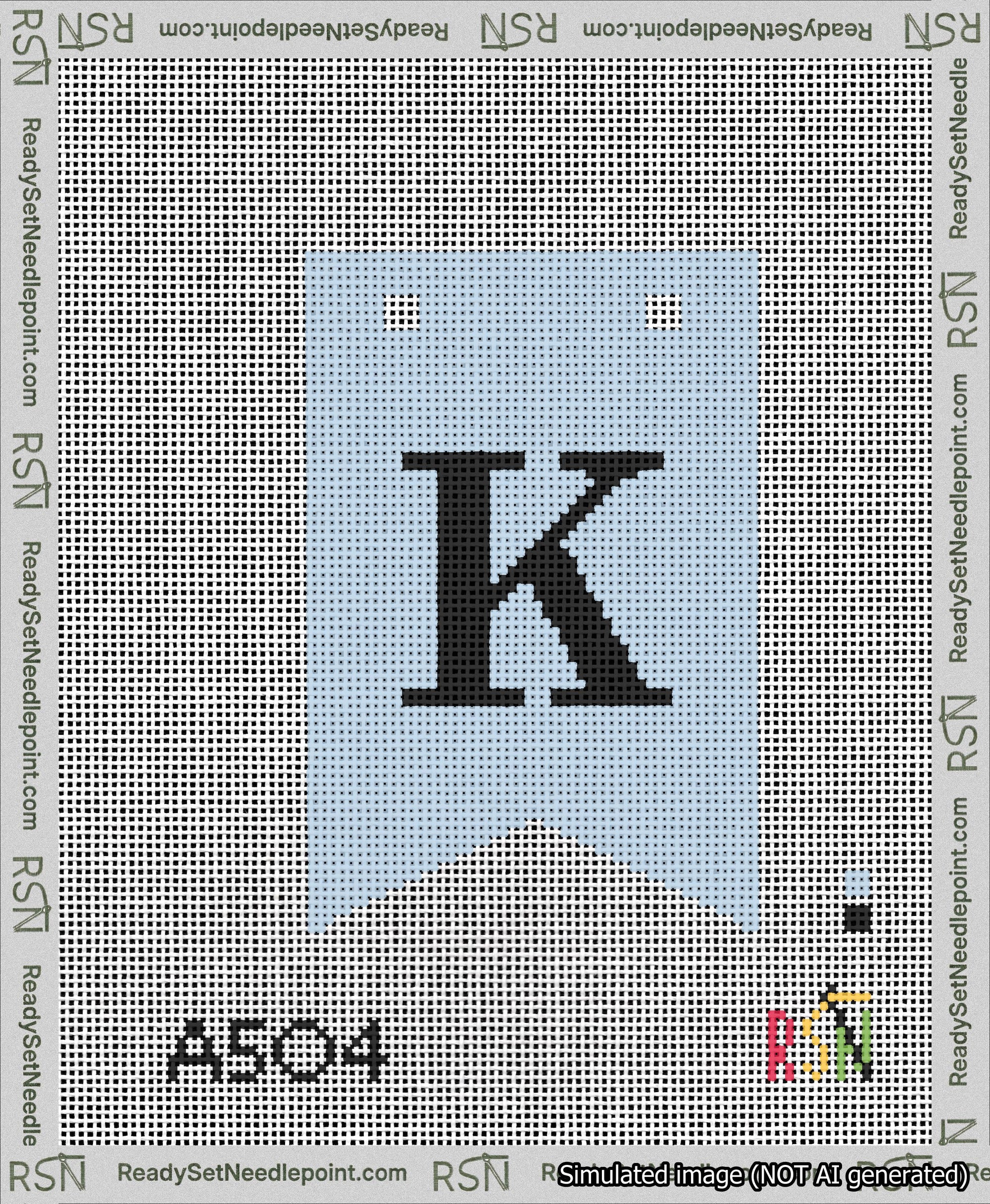 A taped needlepoint canvas with the design: Banner 13 mesh count Forked K Black on Light Blue.