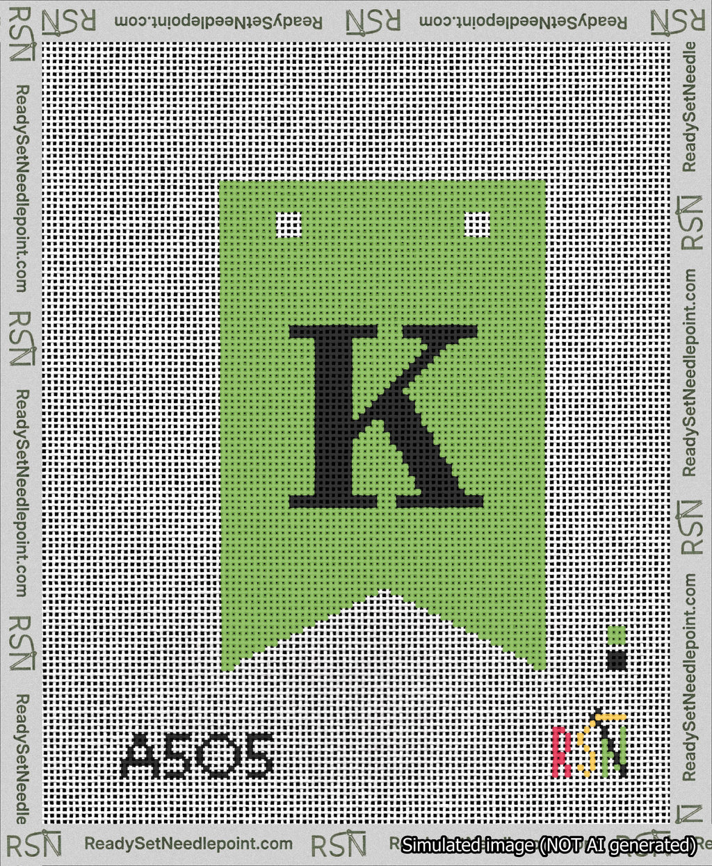 A taped needlepoint canvas with the design: Banner 13 mesh count Forked K Black on Light Green.