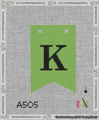 A taped needlepoint canvas with the design: Banner 13 mesh count Forked K Black on Light Green.