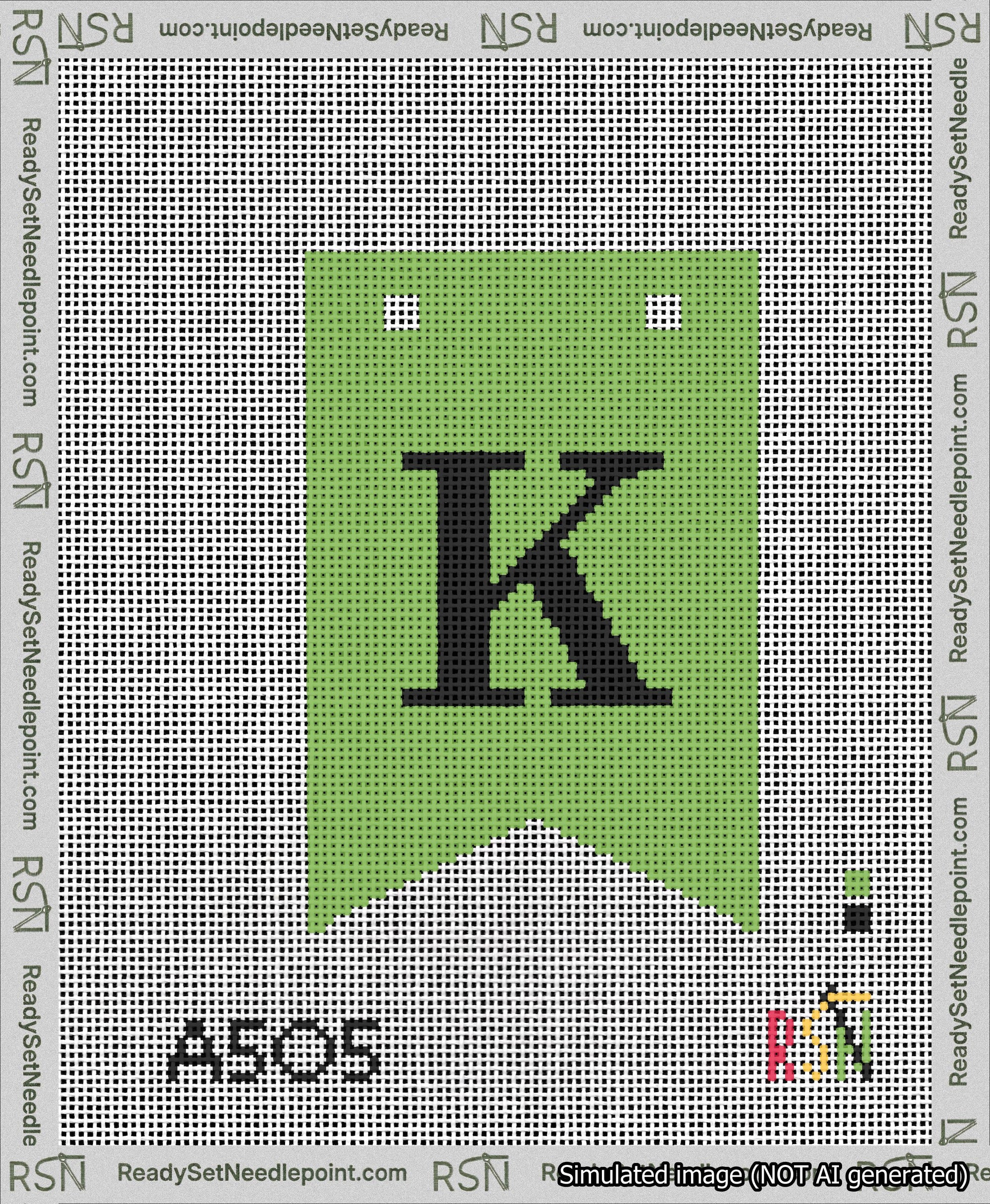 A taped needlepoint canvas with the design: Banner 13 mesh count Forked K Black on Light Green.