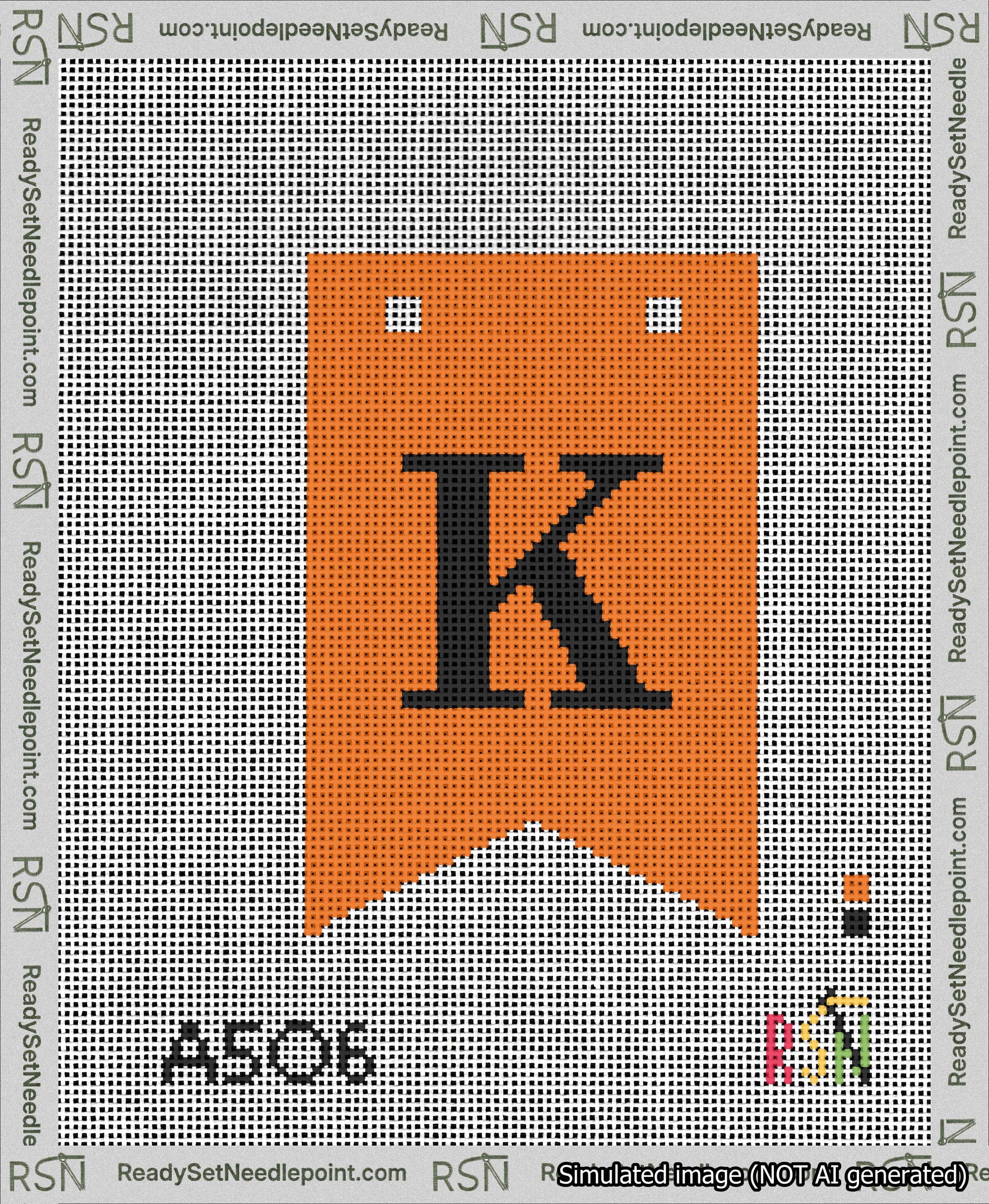 A taped needlepoint canvas with the design: Banner 13 mesh count Forked K Black on Orange.