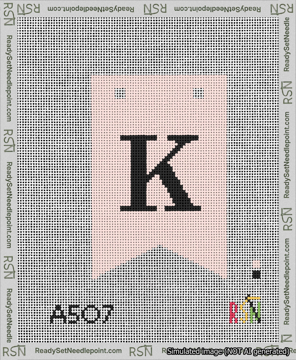 A taped needlepoint canvas with the design: Banner 13 mesh count Forked K Black on Pink.
