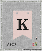 A taped needlepoint canvas with the design: Banner 13 mesh count Forked K Black on Pink.